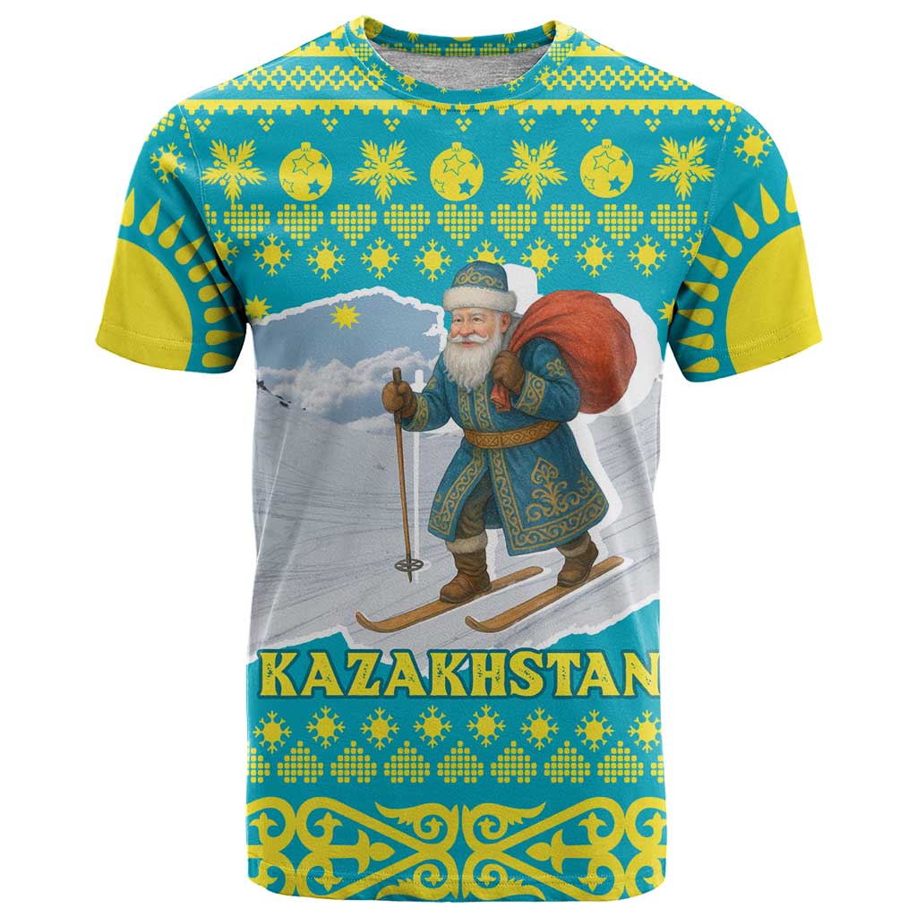 Kazakhstan Christmas T Shirt with Santa Skiing in Traditional Outfit Snow Mountain and Sun Pattern - Wonder Print Shop