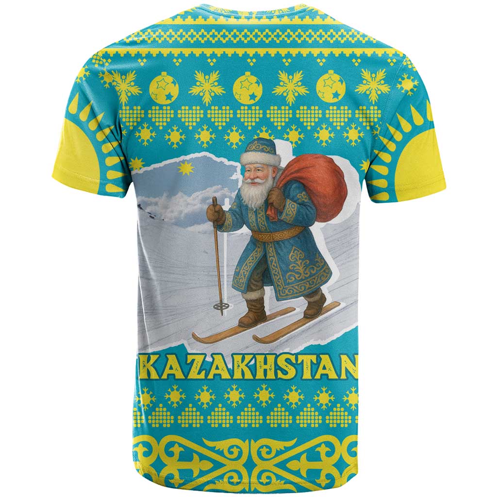 Kazakhstan Christmas T Shirt with Santa Skiing in Traditional Outfit Snow Mountain and Sun Pattern - Wonder Print Shop