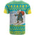 Kazakhstan Christmas T Shirt with Santa Skiing in Traditional Outfit Snow Mountain and Sun Pattern - Wonder Print Shop