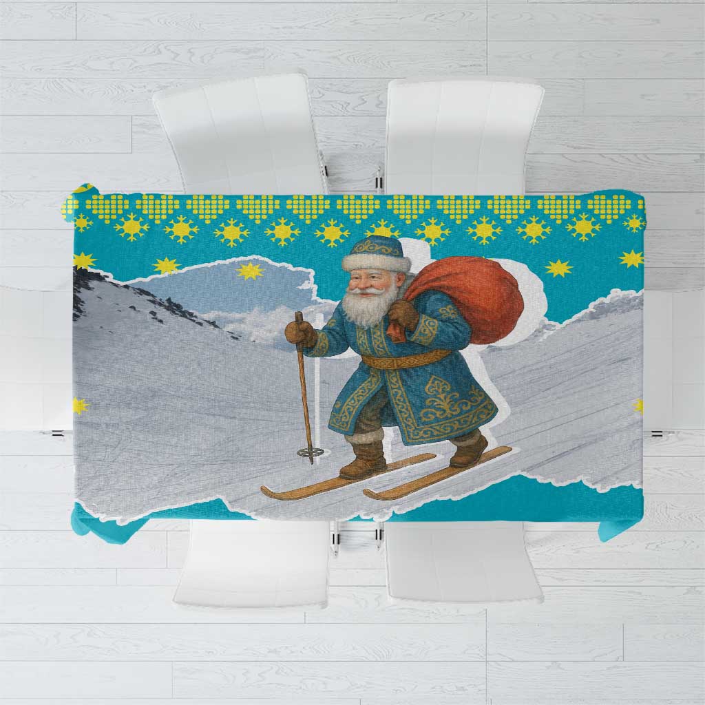 Kazakhstan Christmas Tablecloth with Santa Skiing in Traditional Outfit Snow Mountain and Sun Pattern - Wonder Print Shop