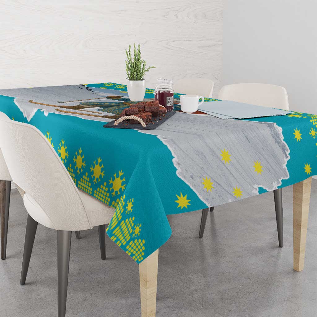 Kazakhstan Christmas Tablecloth with Santa Skiing in Traditional Outfit Snow Mountain and Sun Pattern - Wonder Print Shop