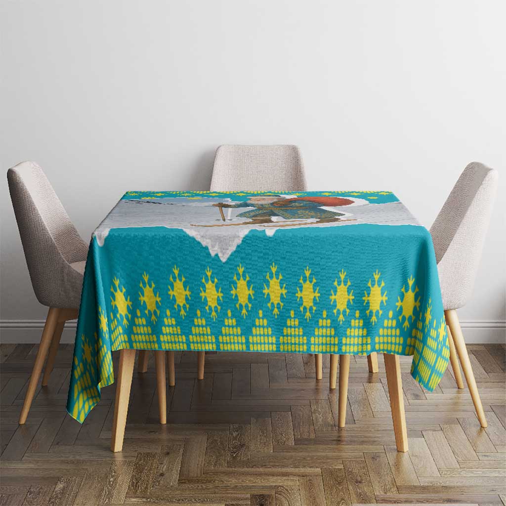Kazakhstan Christmas Tablecloth with Santa Skiing in Traditional Outfit Snow Mountain and Sun Pattern - Wonder Print Shop