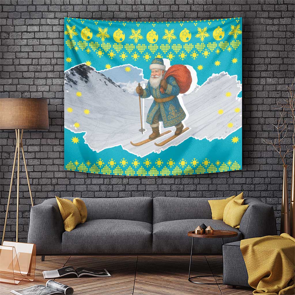 Kazakhstan Christmas Tapestry with Santa Skiing in Traditional Outfit Snow Mountain and Sun Pattern - Wonder Print Shop