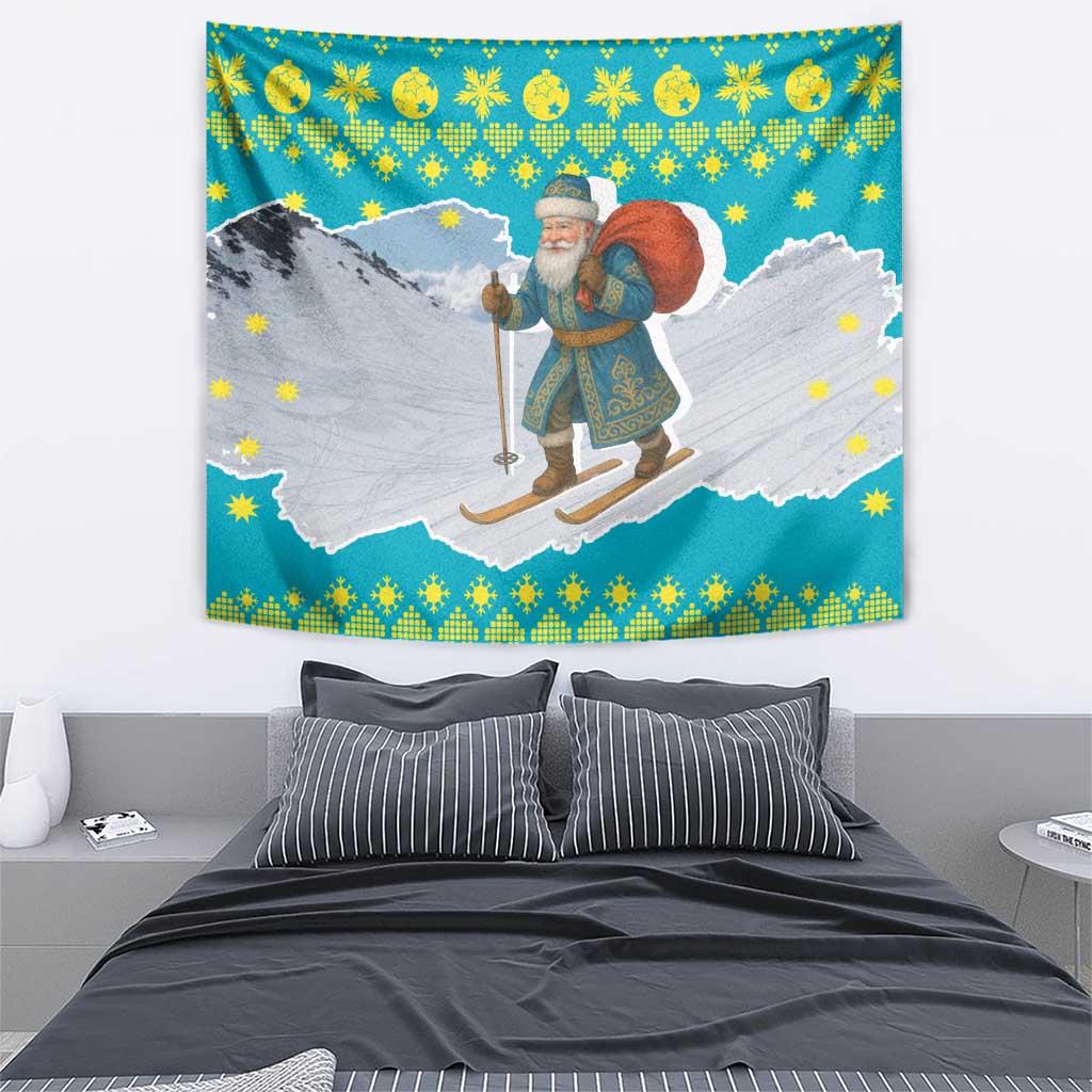 Kazakhstan Christmas Tapestry with Santa Skiing in Traditional Outfit Snow Mountain and Sun Pattern - Wonder Print Shop