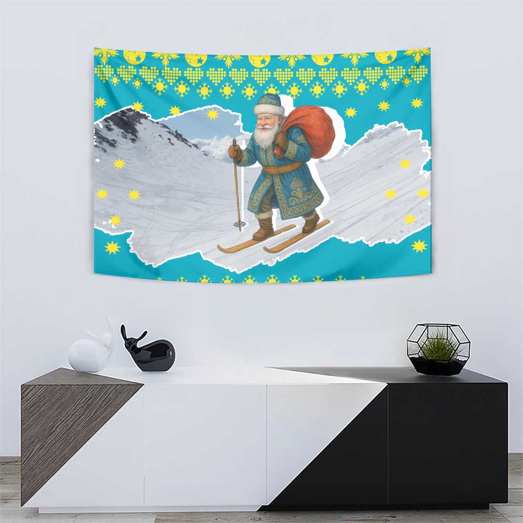 Kazakhstan Christmas Tapestry with Santa Skiing in Traditional Outfit Snow Mountain and Sun Pattern - Wonder Print Shop