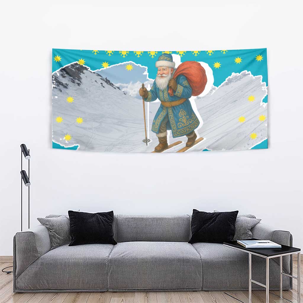 Kazakhstan Christmas Tapestry with Santa Skiing in Traditional Outfit Snow Mountain and Sun Pattern - Wonder Print Shop