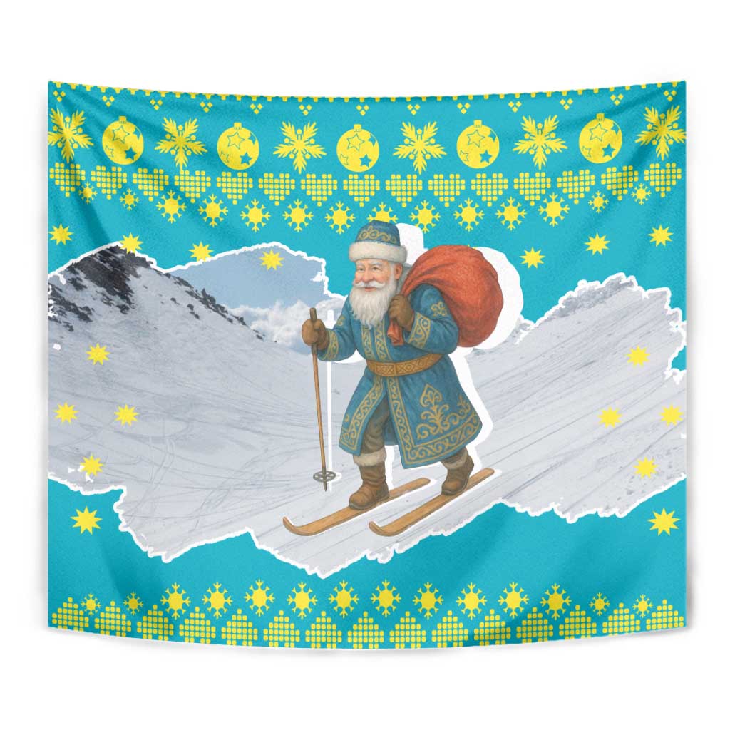 Kazakhstan Christmas Tapestry with Santa Skiing in Traditional Outfit Snow Mountain and Sun Pattern - Wonder Print Shop
