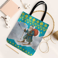 Kazakhstan Christmas Tote Bag with Santa Skiing in Traditional Outfit Snow Mountain and Sun Pattern - Wonder Print Shop