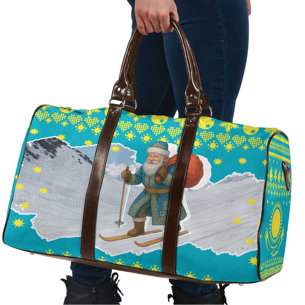 Kazakhstan Christmas Travel Bag with Santa Skiing in Traditional Outfit Snow Mountain and Sun Pattern - Wonder Print Shop