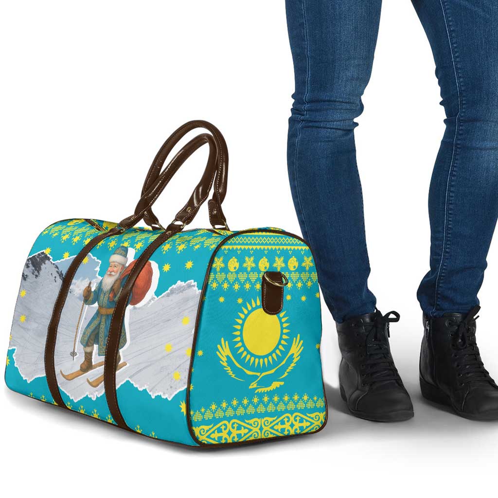 Kazakhstan Christmas Travel Bag with Santa Skiing in Traditional Outfit Snow Mountain and Sun Pattern - Wonder Print Shop