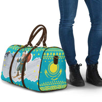 Kazakhstan Christmas Travel Bag with Santa Skiing in Traditional Outfit Snow Mountain and Sun Pattern - Wonder Print Shop
