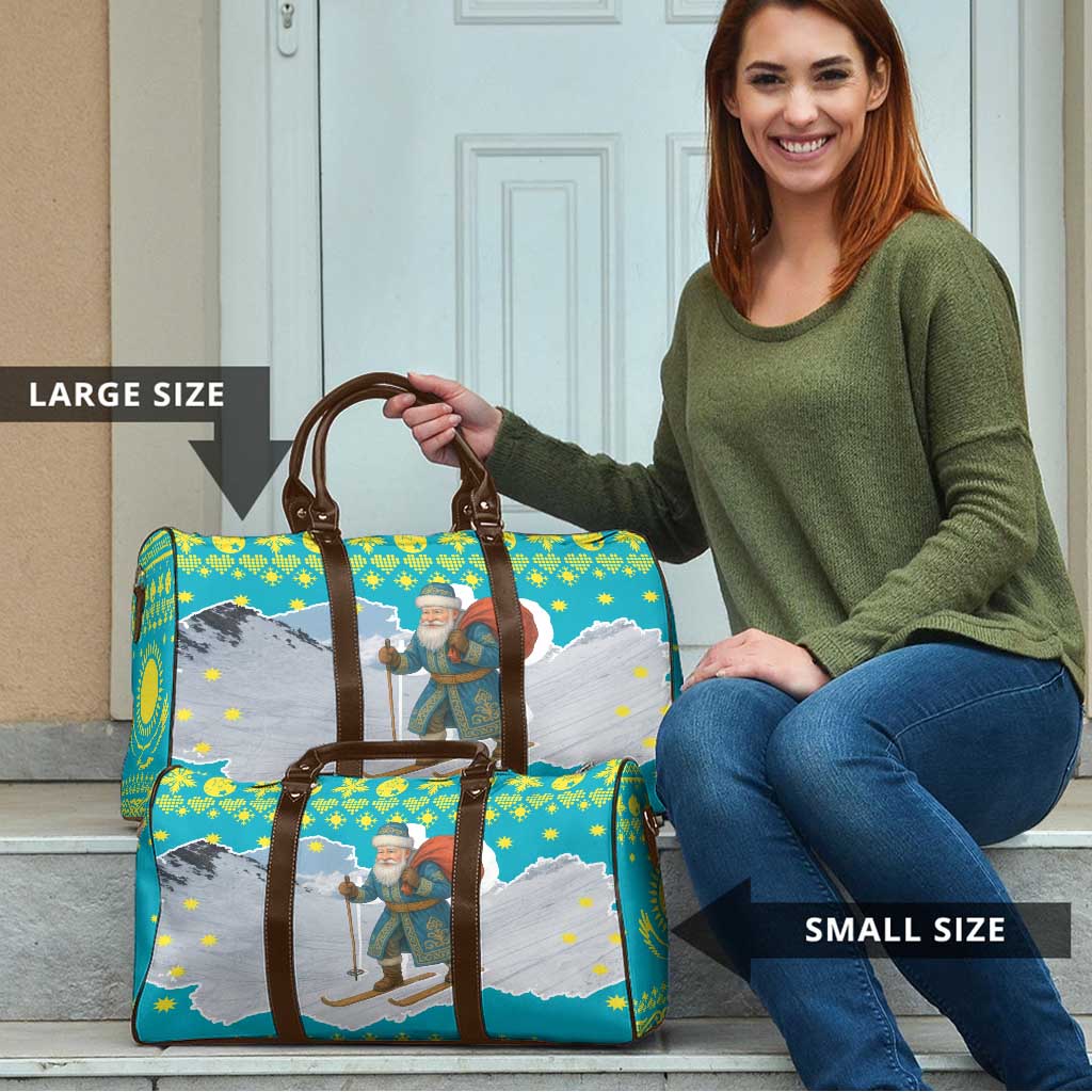 Kazakhstan Christmas Travel Bag with Santa Skiing in Traditional Outfit Snow Mountain and Sun Pattern - Wonder Print Shop