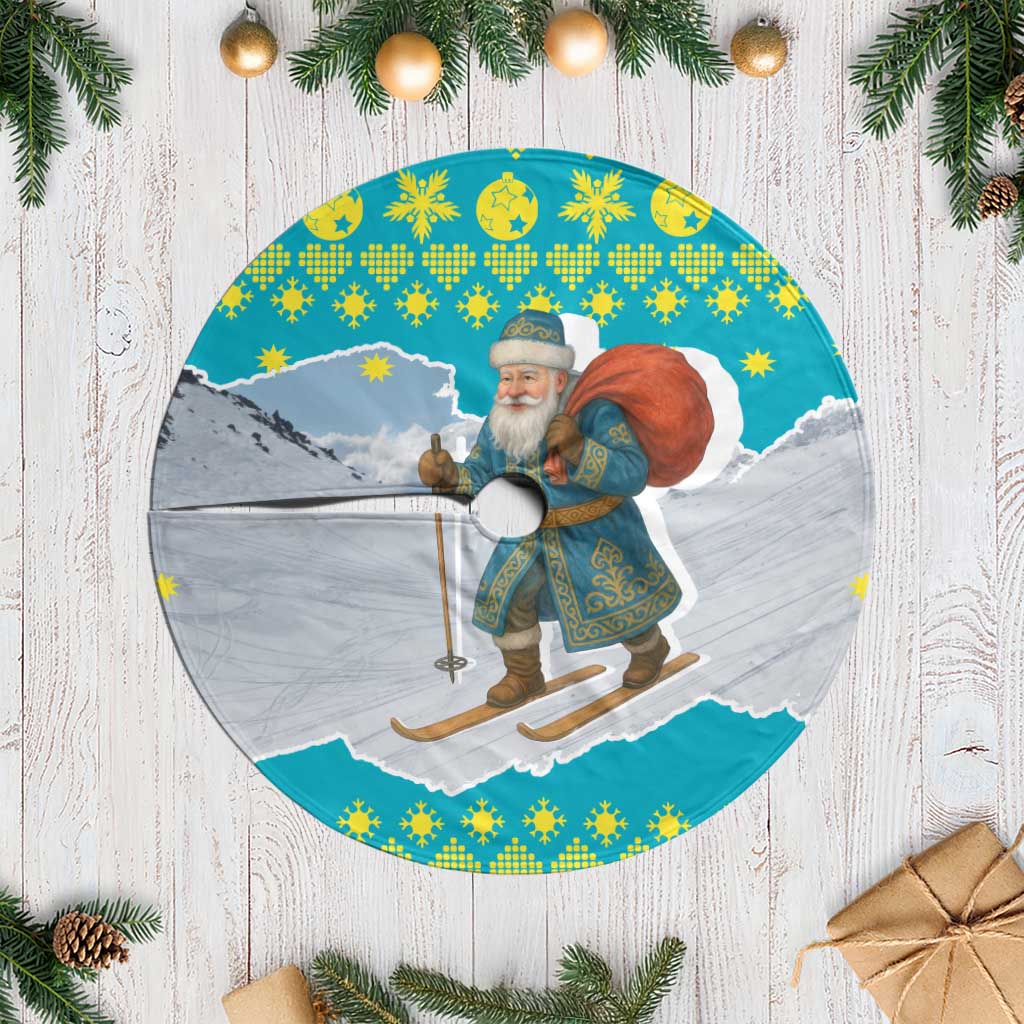 Kazakhstan Christmas Tree Skirt with Santa Skiing in Traditional Outfit Snow Mountain and Sun Pattern - Wonder Print Shop