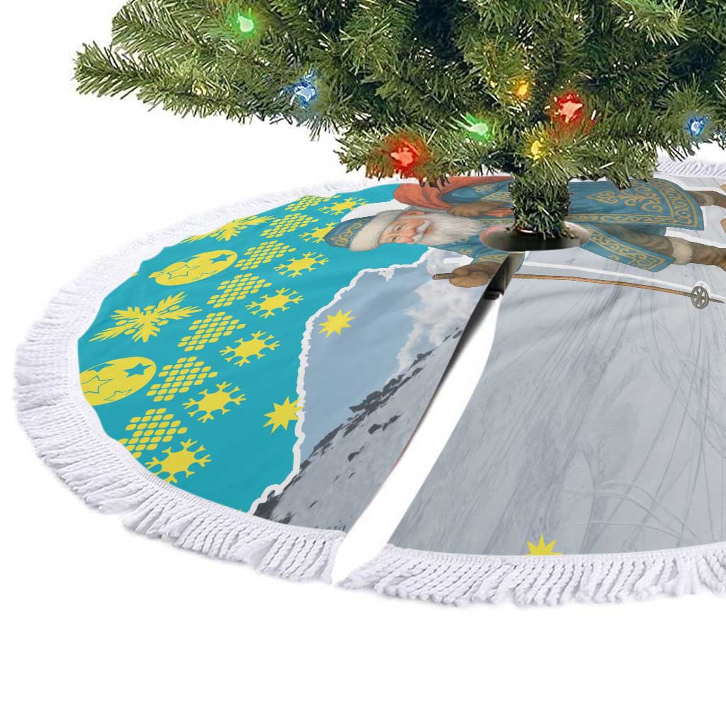 Kazakhstan Christmas Tree Skirt with Santa Skiing in Traditional Outfit Snow Mountain and Sun Pattern - Wonder Print Shop