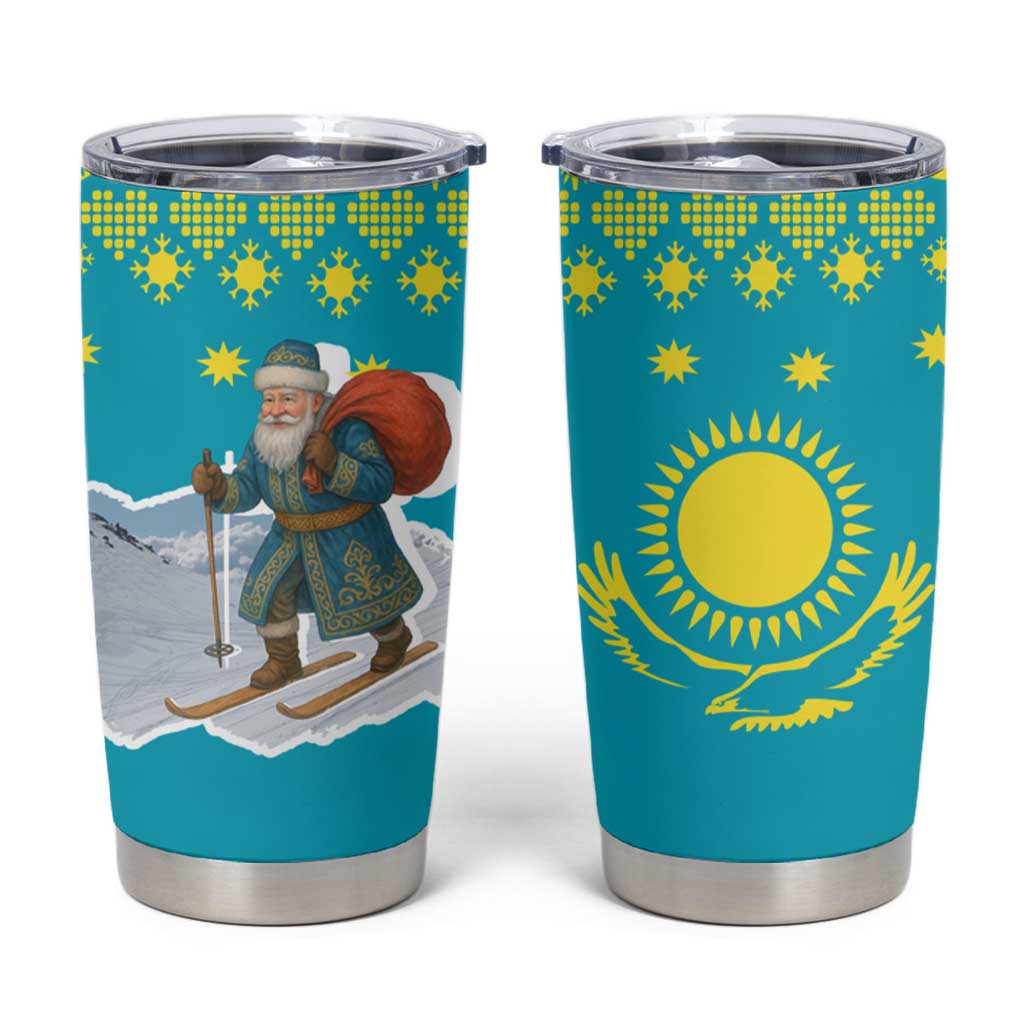 Kazakhstan Christmas Tumbler Cup with Santa Skiing in Traditional Outfit Snow Mountain and Sun Pattern - Wonder Print Shop