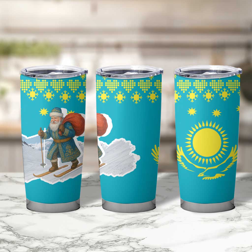 Kazakhstan Christmas Tumbler Cup with Santa Skiing in Traditional Outfit Snow Mountain and Sun Pattern - Wonder Print Shop