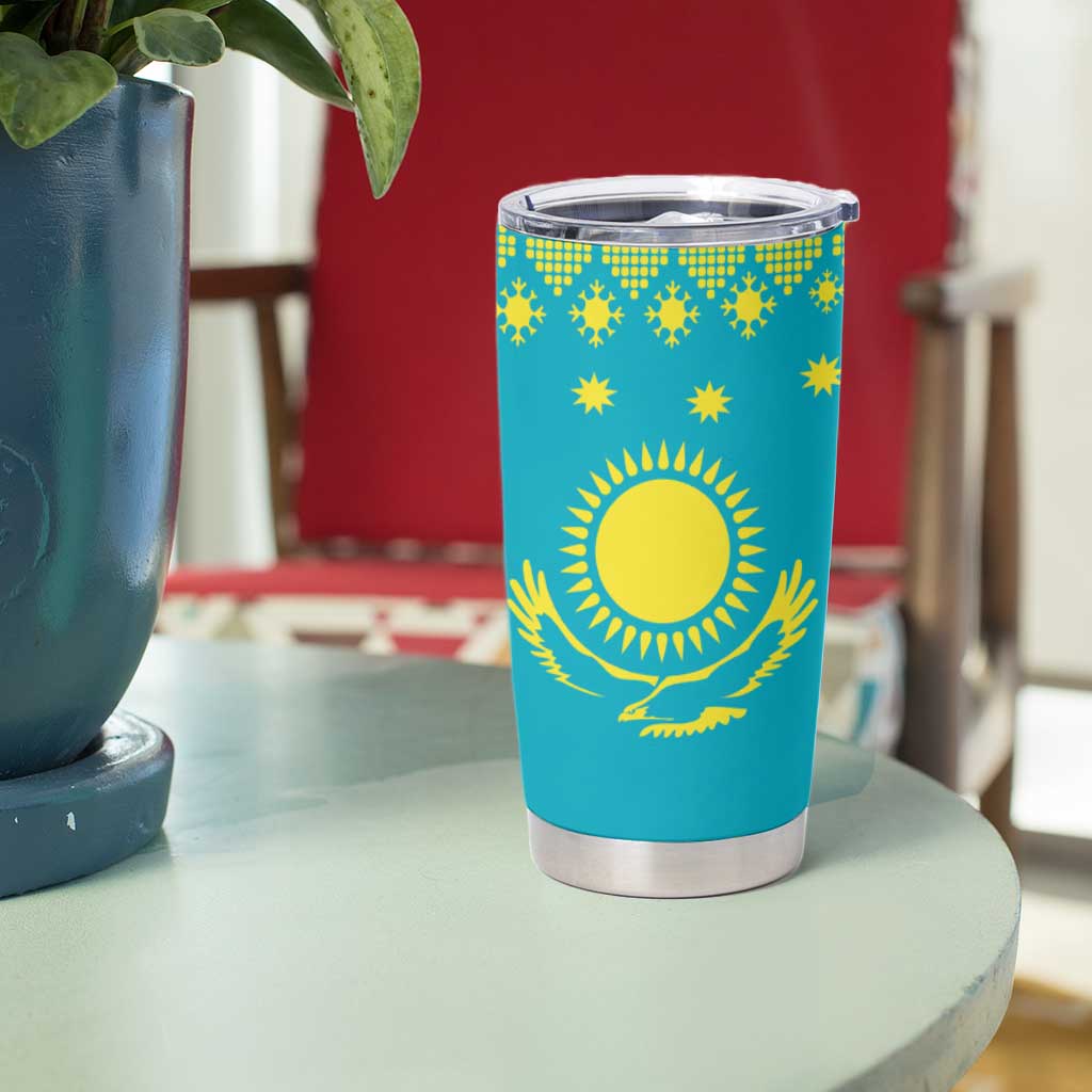 Kazakhstan Christmas Tumbler Cup with Santa Skiing in Traditional Outfit Snow Mountain and Sun Pattern - Wonder Print Shop