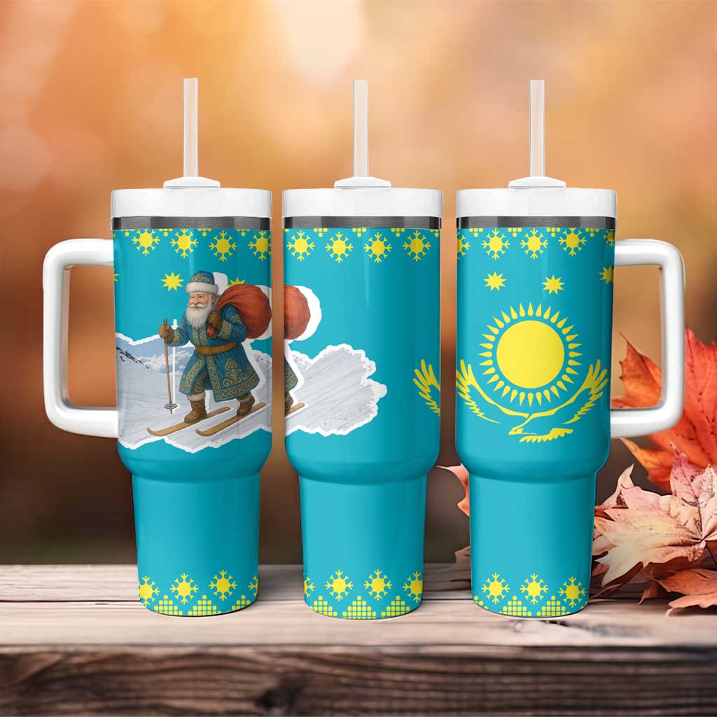 Kazakhstan Christmas Tumbler With Handle with Santa Skiing in Traditional Outfit Snow Mountain and Sun Pattern - Wonder Print Shop