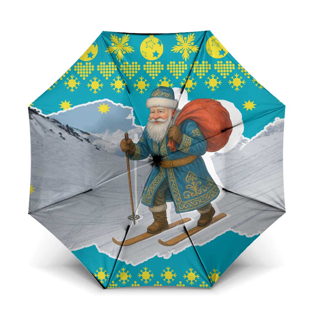 Kazakhstan Christmas Umbrella with Santa Skiing in Traditional Outfit Snow Mountain and Sun Pattern - Wonder Print Shop