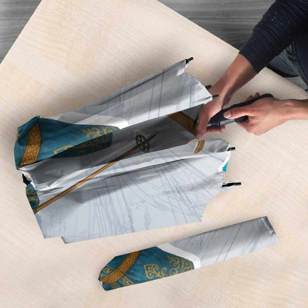 Kazakhstan Christmas Umbrella with Santa Skiing in Traditional Outfit Snow Mountain and Sun Pattern - Wonder Print Shop