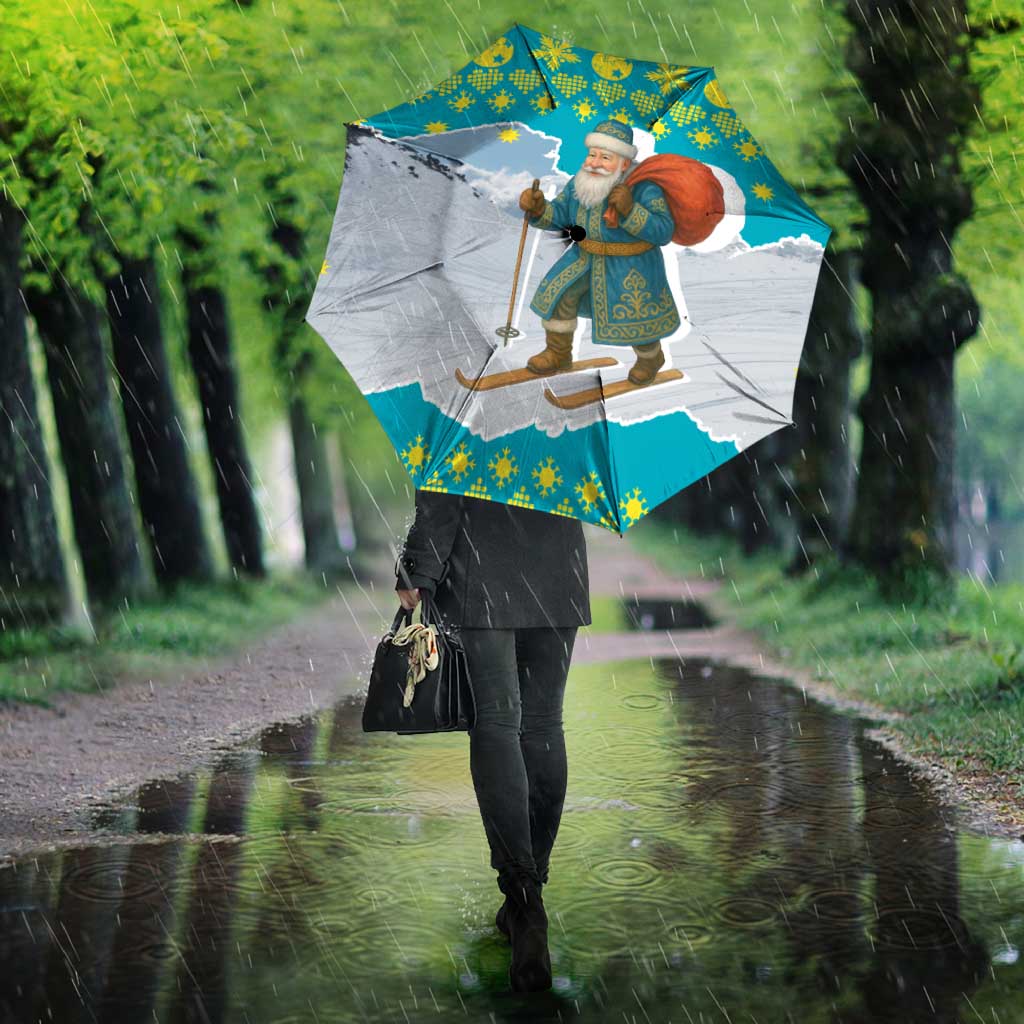 Kazakhstan Christmas Umbrella with Santa Skiing in Traditional Outfit Snow Mountain and Sun Pattern - Wonder Print Shop
