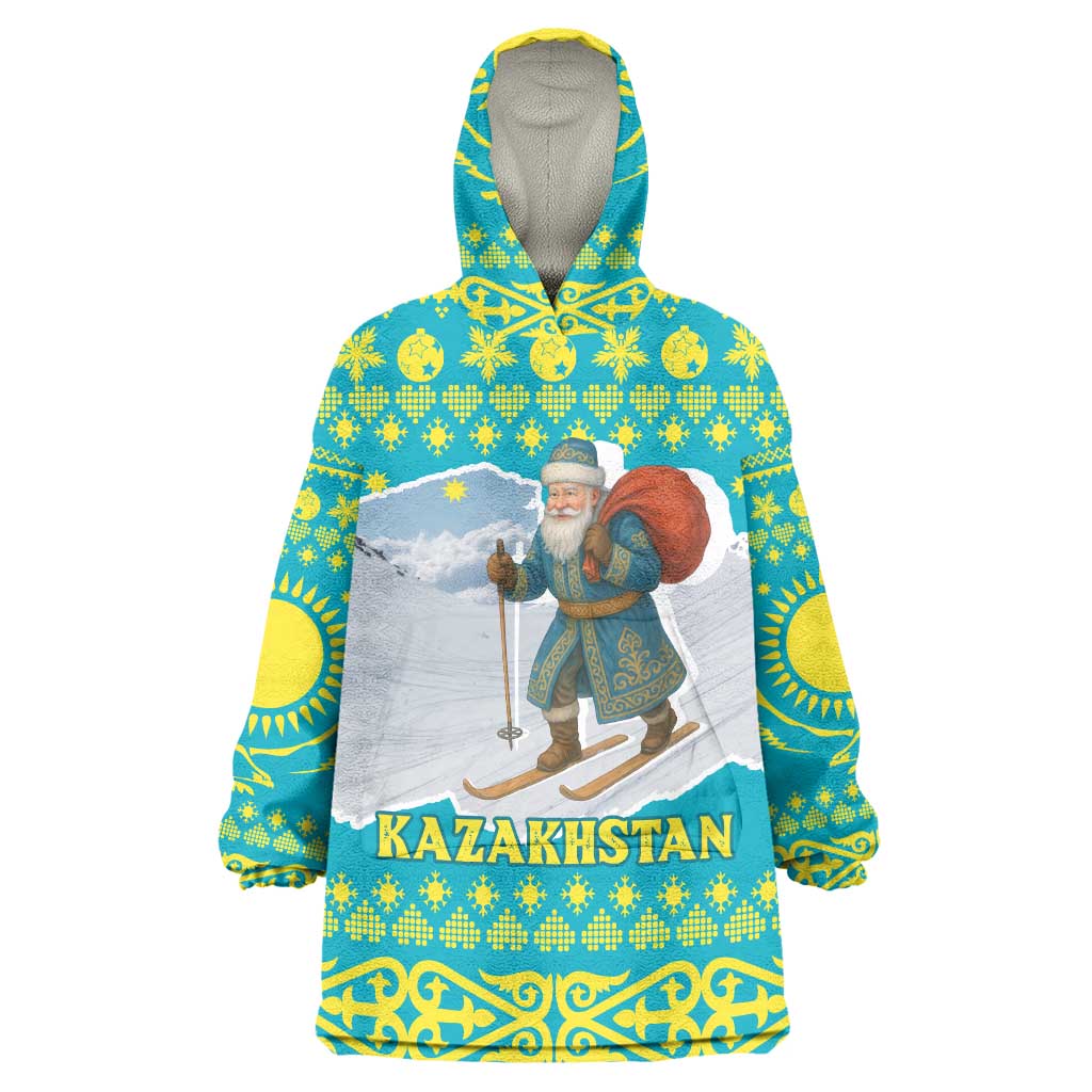 Kazakhstan Christmas Wearable Blanket Hoodie with Santa Skiing in Traditional Outfit Snow Mountain and Sun Pattern - Wonder Print Shop