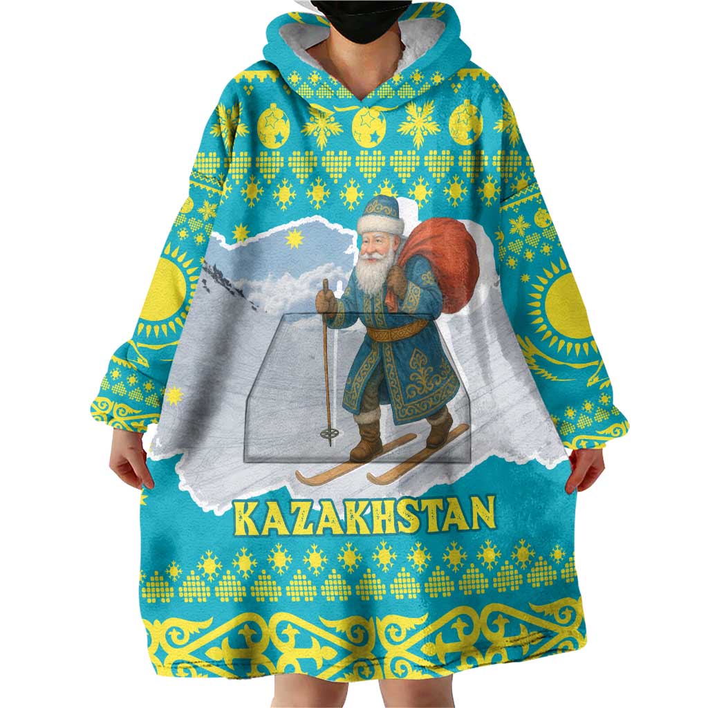 Kazakhstan Christmas Wearable Blanket Hoodie with Santa Skiing in Traditional Outfit Snow Mountain and Sun Pattern - Wonder Print Shop