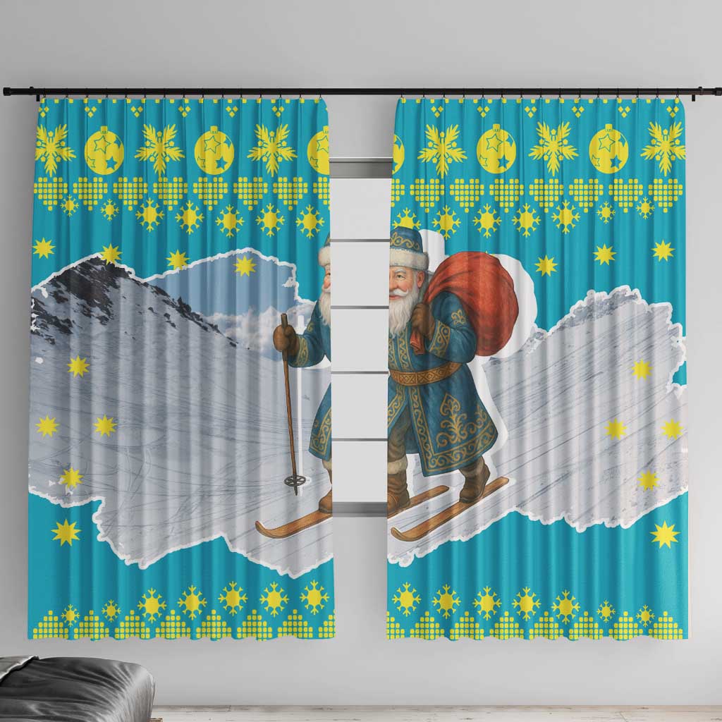 Kazakhstan Christmas Window Curtain with Santa Skiing in Traditional Outfit Snow Mountain and Sun Pattern - Wonder Print Shop