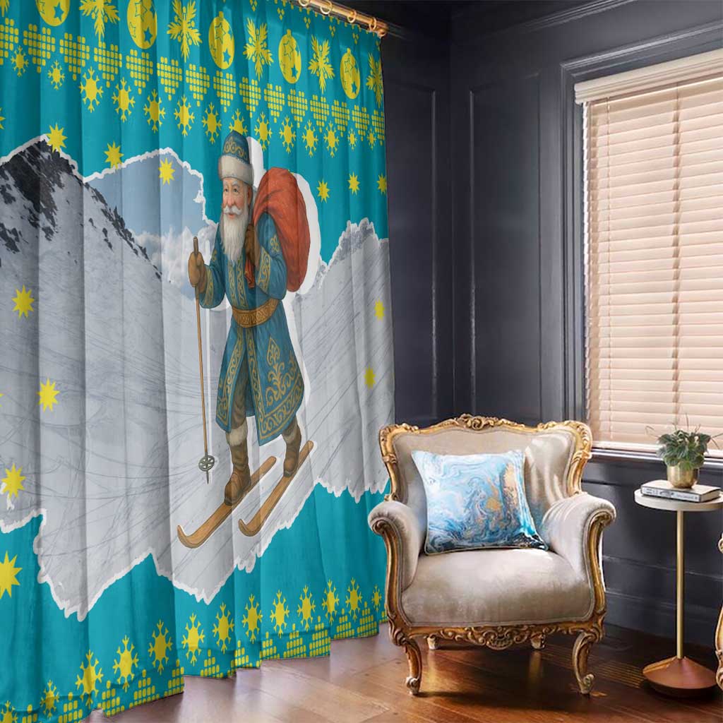 Kazakhstan Christmas Window Curtain with Santa Skiing in Traditional Outfit Snow Mountain and Sun Pattern - Wonder Print Shop