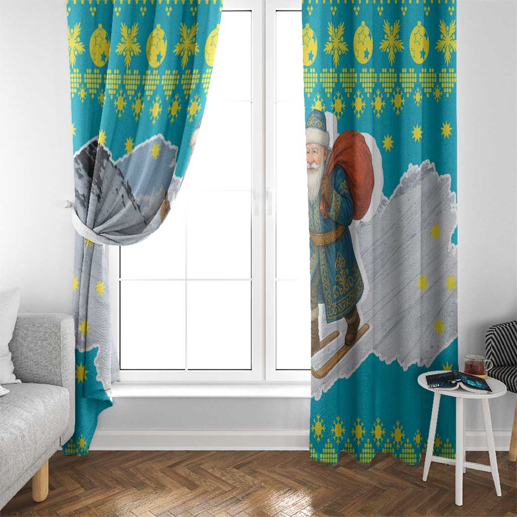 Kazakhstan Christmas Window Curtain with Santa Skiing in Traditional Outfit Snow Mountain and Sun Pattern - Wonder Print Shop