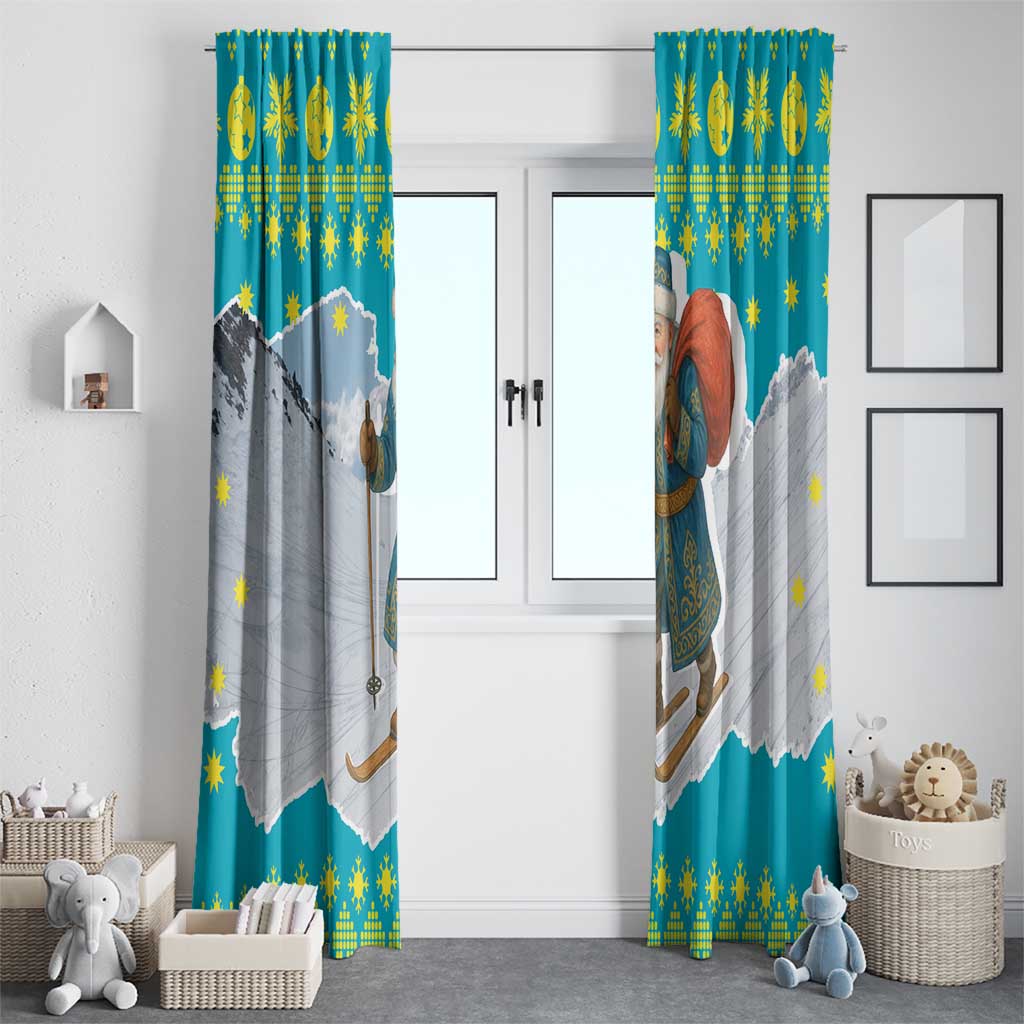 Kazakhstan Christmas Window Curtain with Santa Skiing in Traditional Outfit Snow Mountain and Sun Pattern - Wonder Print Shop