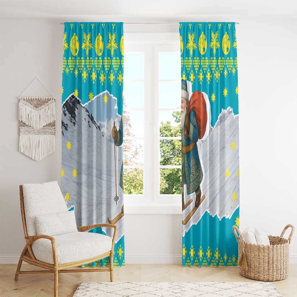 Kazakhstan Christmas Window Curtain with Santa Skiing in Traditional Outfit Snow Mountain and Sun Pattern - Wonder Print Shop