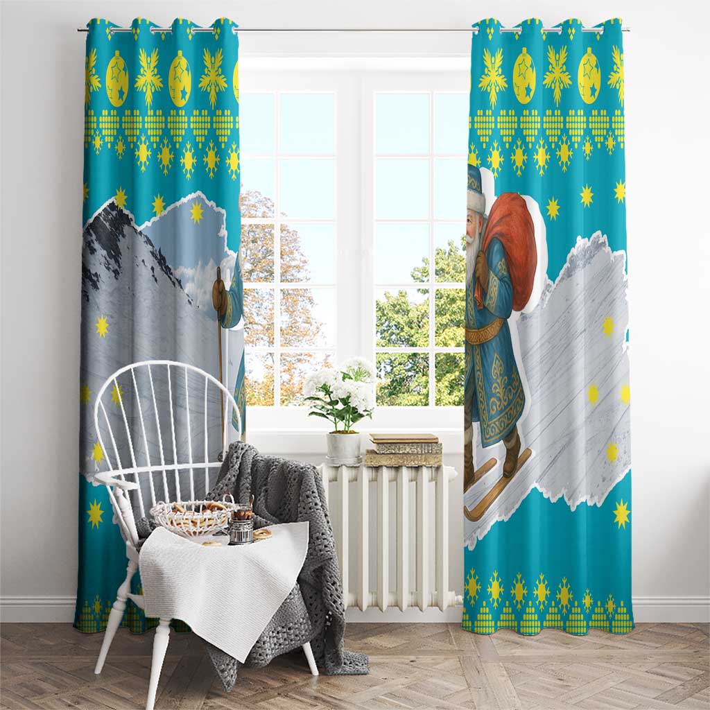 Kazakhstan Christmas Window Curtain with Santa Skiing in Traditional Outfit Snow Mountain and Sun Pattern - Wonder Print Shop