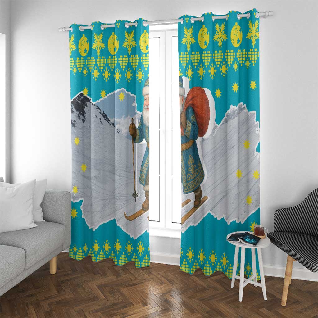 Kazakhstan Christmas Window Curtain with Santa Skiing in Traditional Outfit Snow Mountain and Sun Pattern - Wonder Print Shop