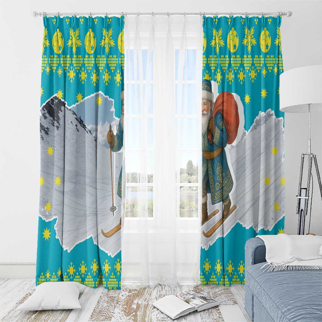 Kazakhstan Christmas Window Curtain with Santa Skiing in Traditional Outfit Snow Mountain and Sun Pattern - Wonder Print Shop