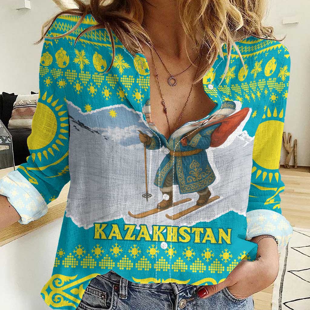 Kazakhstan Christmas Women Casual Shirt with Santa Skiing in Traditional Outfit Snow Mountain and Sun Pattern - Wonder Print Shop