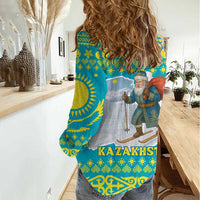 Kazakhstan Christmas Women Casual Shirt with Santa Skiing in Traditional Outfit Snow Mountain and Sun Pattern - Wonder Print Shop