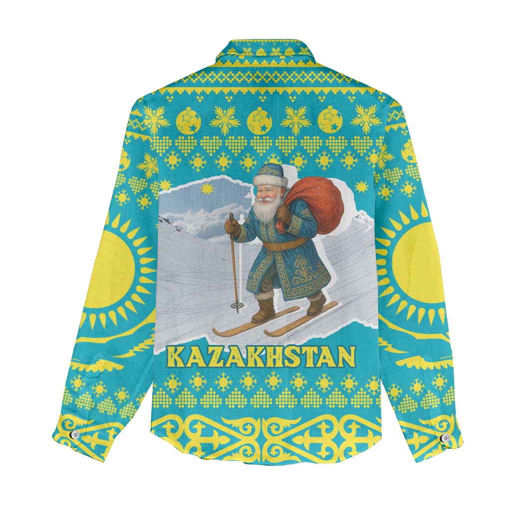 Kazakhstan Christmas Women Casual Shirt with Santa Skiing in Traditional Outfit Snow Mountain and Sun Pattern - Wonder Print Shop