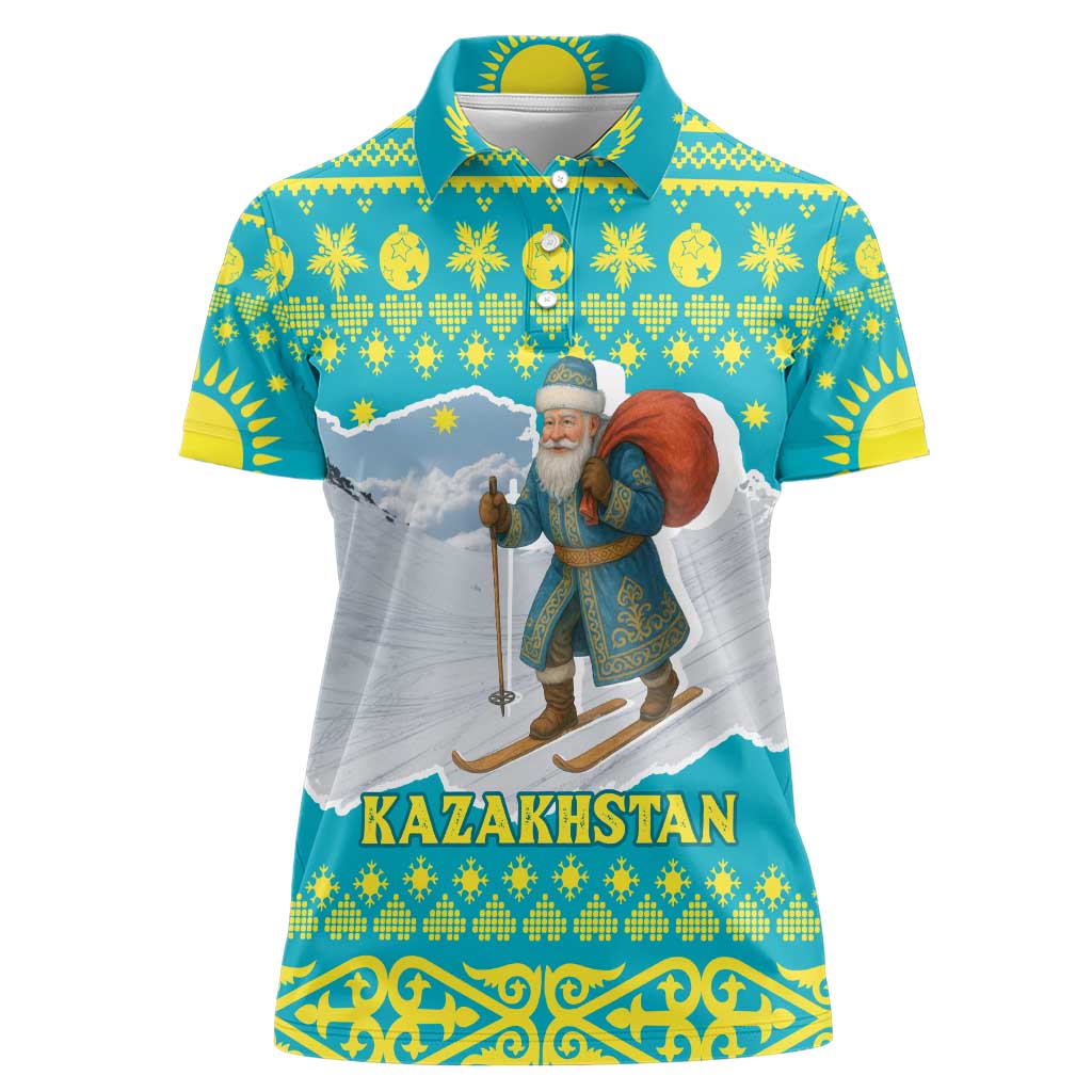 Kazakhstan Christmas Women Polo Shirt with Santa Skiing in Traditional Outfit Snow Mountain and Sun Pattern - Wonder Print Shop