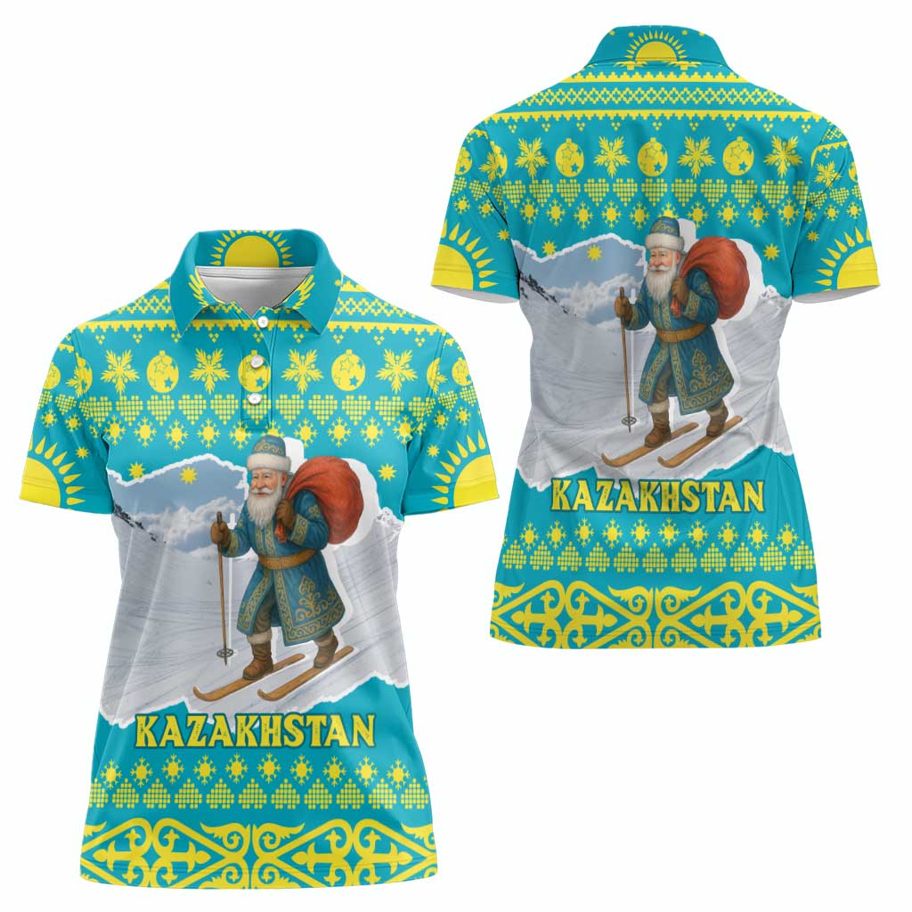 Kazakhstan Christmas Women Polo Shirt with Santa Skiing in Traditional Outfit Snow Mountain and Sun Pattern - Wonder Print Shop