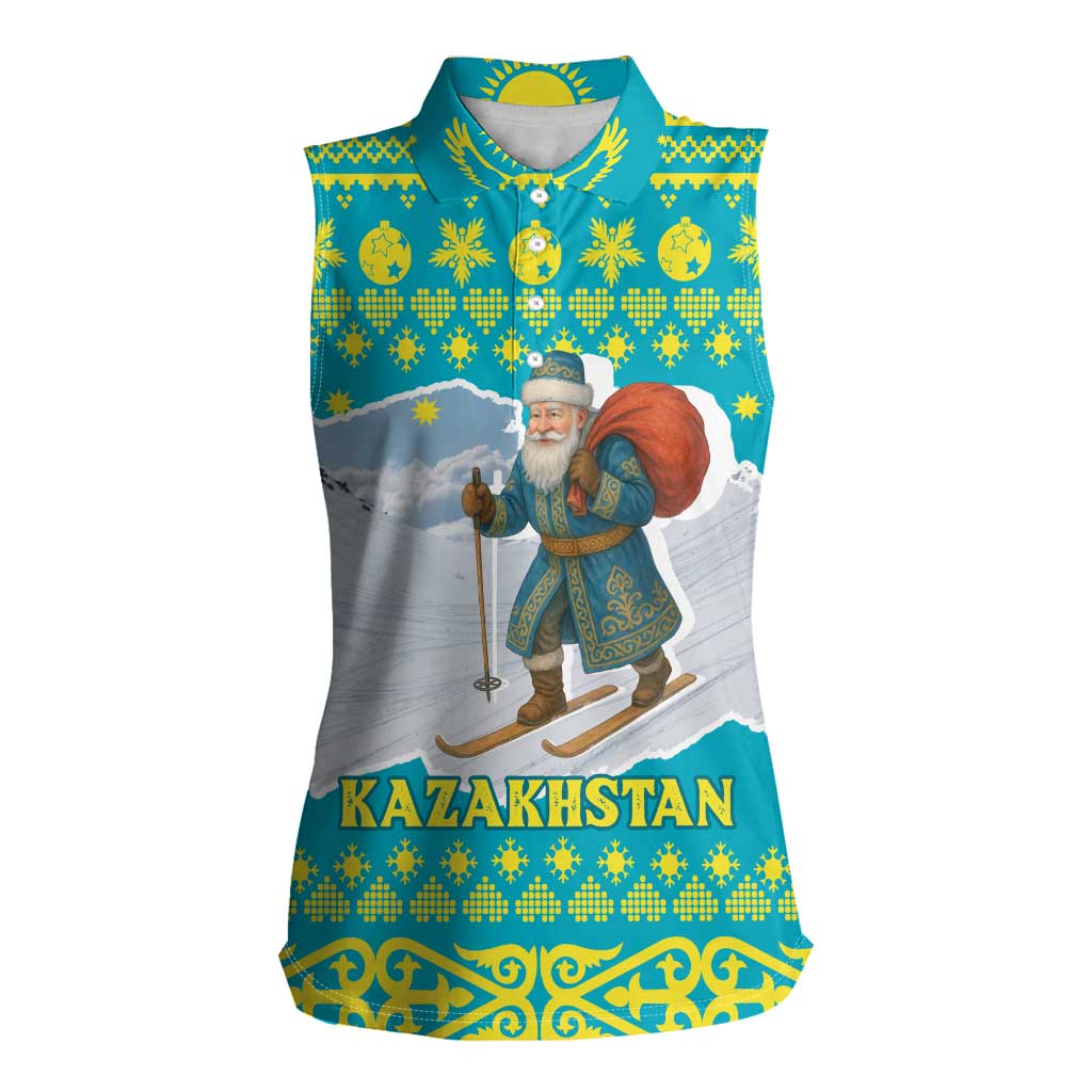 Kazakhstan Christmas Women Sleeveless Polo Shirt with Santa Skiing in Traditional Outfit Snow Mountain and Sun Pattern - Wonder Print Shop