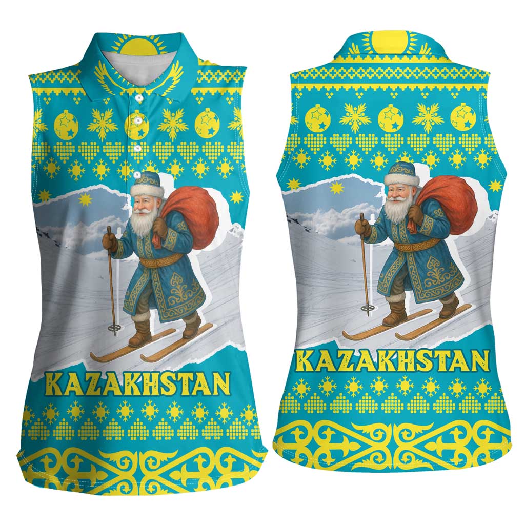 Kazakhstan Christmas Women Sleeveless Polo Shirt with Santa Skiing in Traditional Outfit Snow Mountain and Sun Pattern - Wonder Print Shop