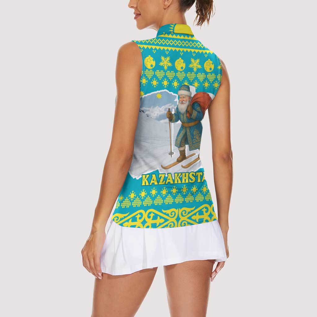 Kazakhstan Christmas Women Sleeveless Polo Shirt with Santa Skiing in Traditional Outfit Snow Mountain and Sun Pattern - Wonder Print Shop