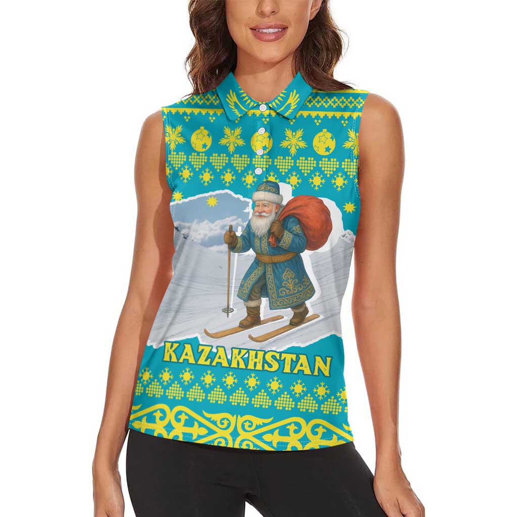 Kazakhstan Christmas Women Sleeveless Polo Shirt with Santa Skiing in Traditional Outfit Snow Mountain and Sun Pattern - Wonder Print Shop