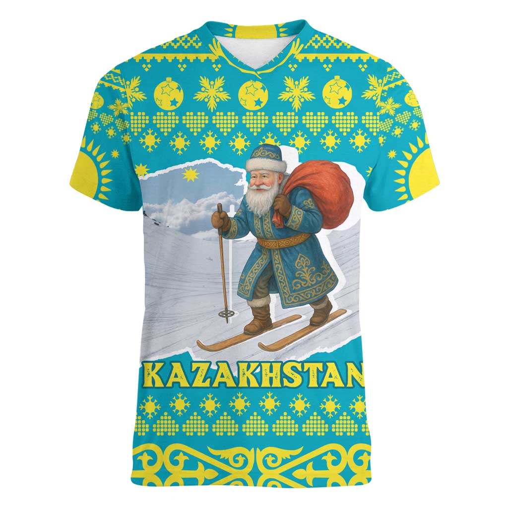 Kazakhstan Christmas Women V-Neck T-Shirt with Santa Skiing in Traditional Outfit Snow Mountain and Sun Pattern - Wonder Print Shop