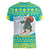 Kazakhstan Christmas Women V-Neck T-Shirt with Santa Skiing in Traditional Outfit Snow Mountain and Sun Pattern - Wonder Print Shop