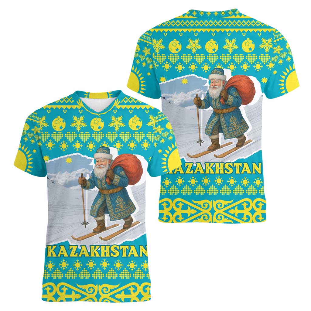 Kazakhstan Christmas Women V-Neck T-Shirt with Santa Skiing in Traditional Outfit Snow Mountain and Sun Pattern - Wonder Print Shop