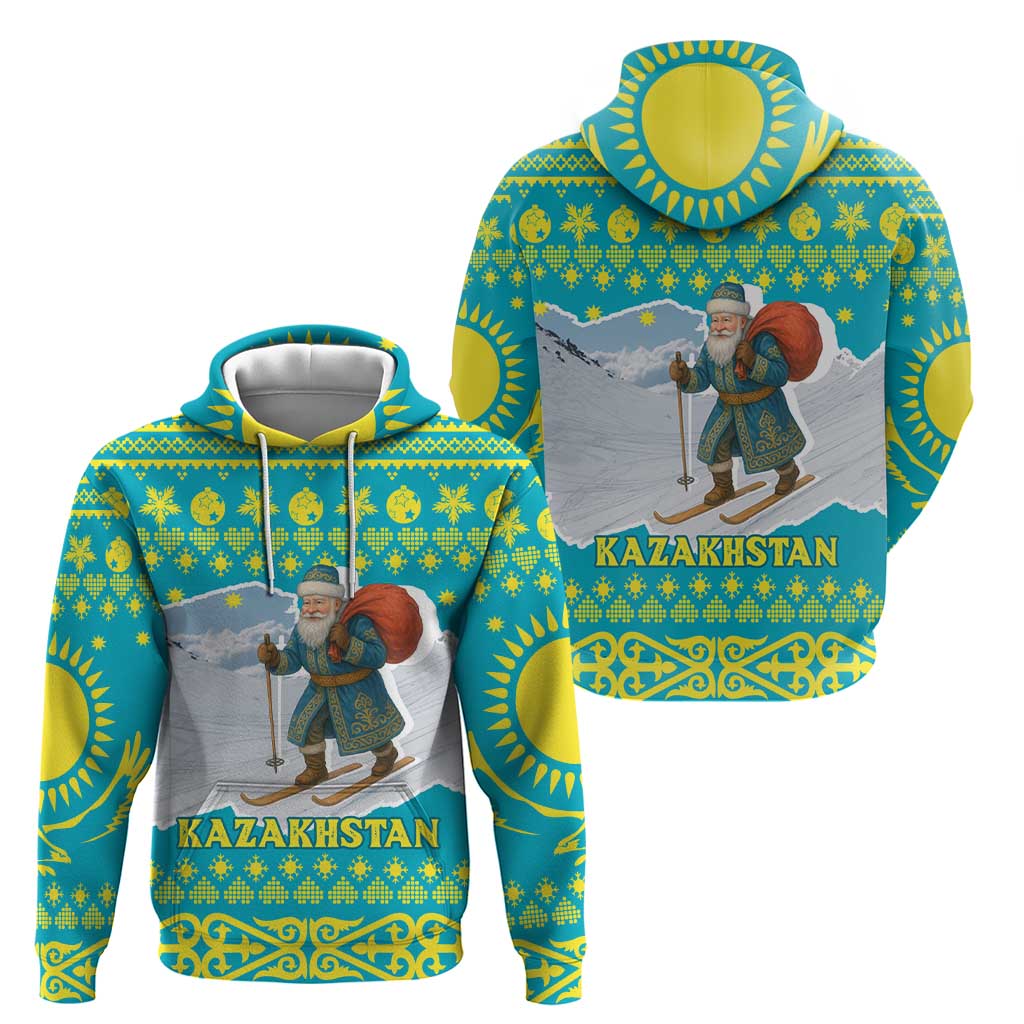 Kazakhstan Christmas Zip Hoodie with Santa Skiing in Traditional Outfit Snow Mountain and Sun Pattern - Wonder Print Shop