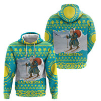 Kazakhstan Christmas Zip Hoodie with Santa Skiing in Traditional Outfit Snow Mountain and Sun Pattern - Wonder Print Shop