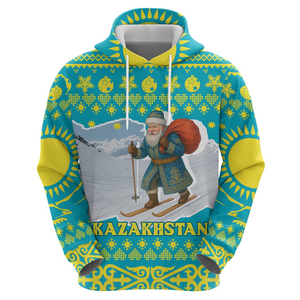 Kazakhstan Christmas Zip Hoodie with Santa Skiing in Traditional Outfit Snow Mountain and Sun Pattern - Wonder Print Shop